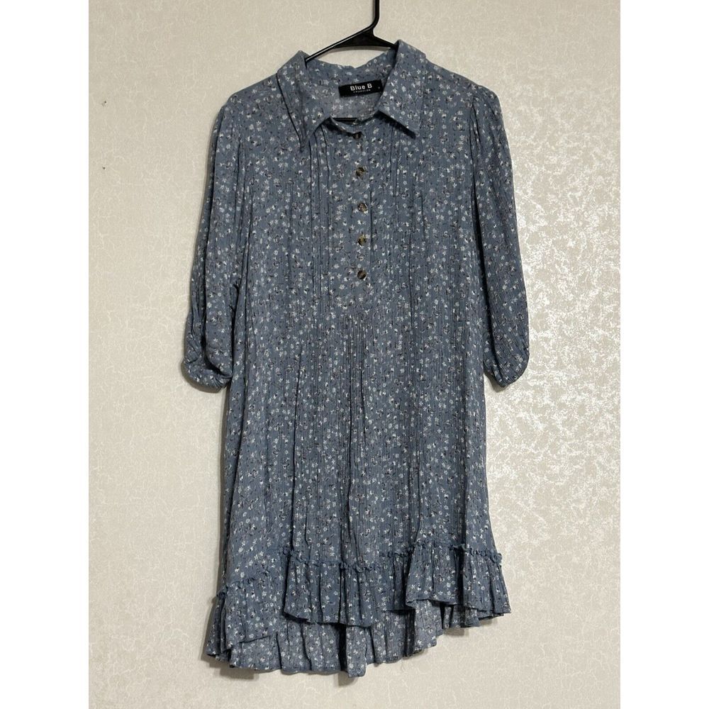 Blue B Collection Blue Floral 3/4 Sleeves Collared Babydoll Dress Ruffled Hem S